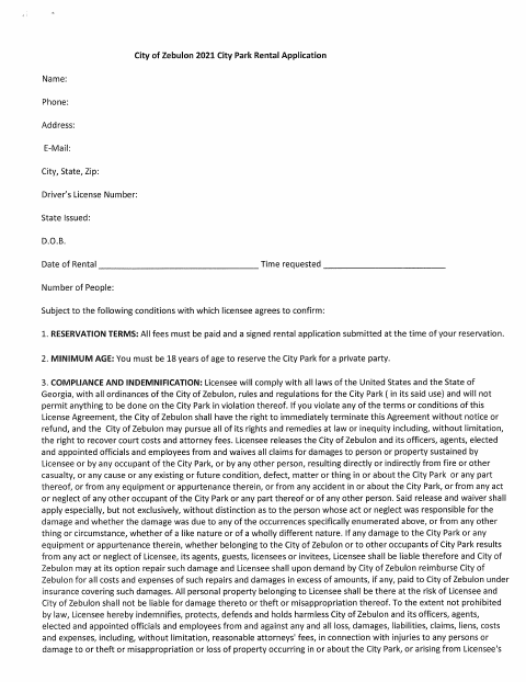 First page of the City Park Rental Application