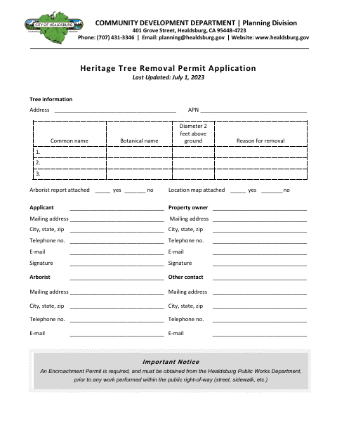 First page of the Heritage Tree Removal Permit Application