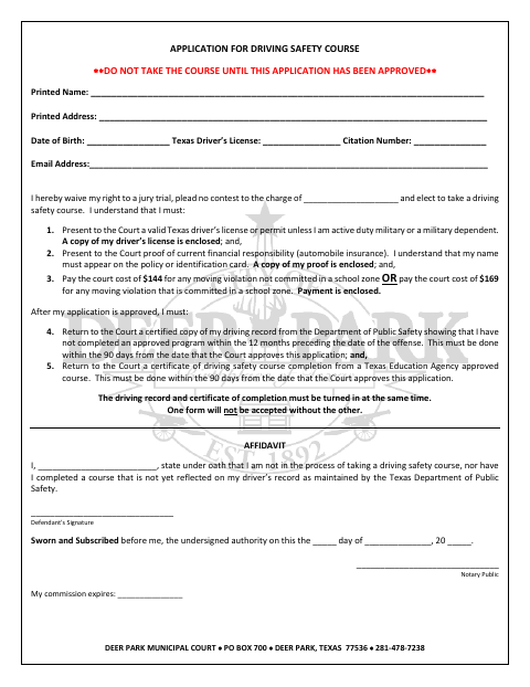 First page of the Application for Driving Safety Course