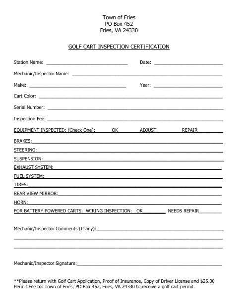 First page of the Golf Cart Inspection Certification