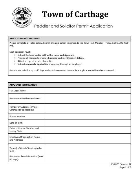 First page of the Peddler and Solicitor Permit Application