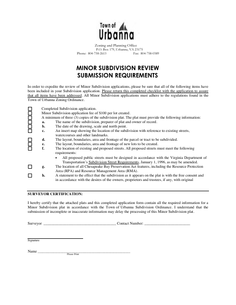 First page of the Minor Subdivision Review Submission Requirements