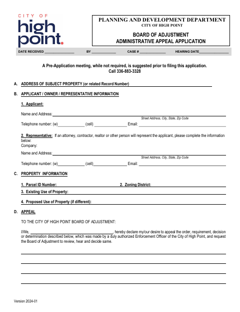 First page of the Board of Adjustment Administrative Appeal Application