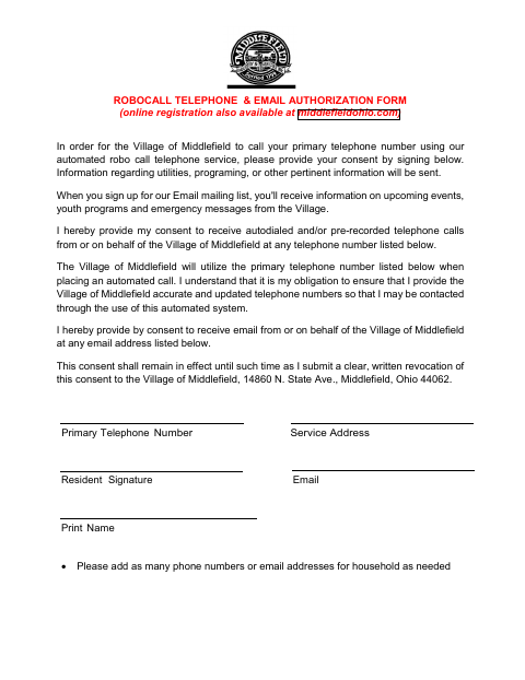First page of the Robocall Telephone & Email Authorization Form