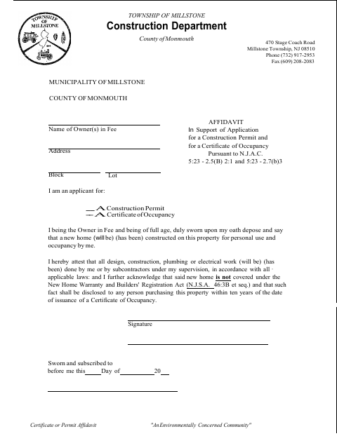 First page of the Construction Permit or Certificate of Occupancy Affidavit