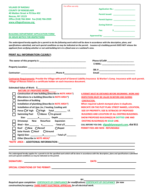 First page of the Building Department Application Form