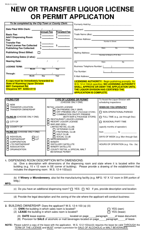 First page of the New or Transfer Liquor License or Permit Application