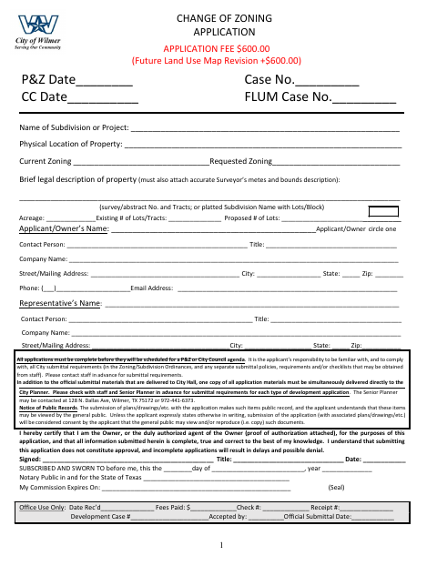 First page of the Change Of Zoning Application