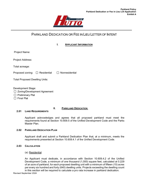 First page of the Parkland Dedication or Fee in Lieu Letter of Intent