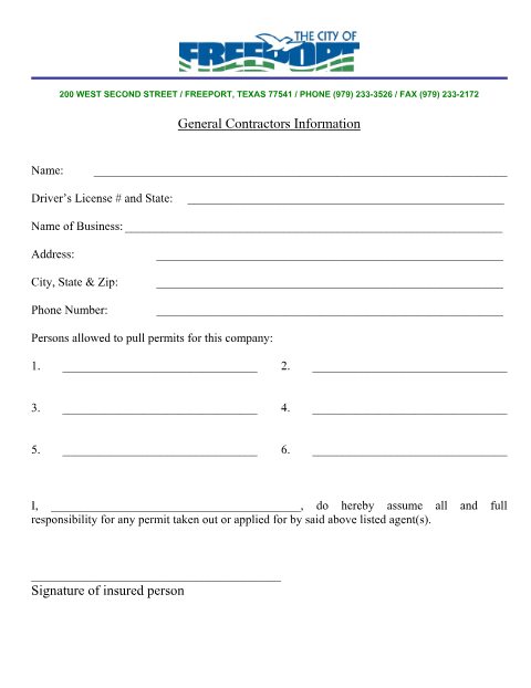 First page of the General Contractors Information
