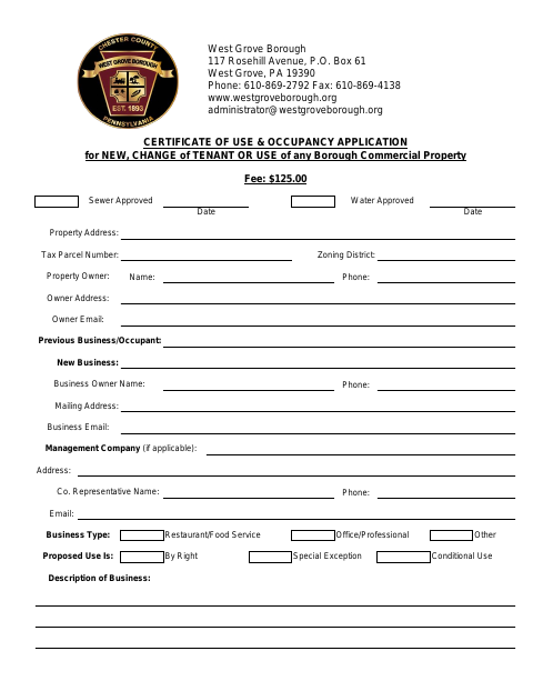 First page of the Commercial Certificate of Use and Occupancy Application