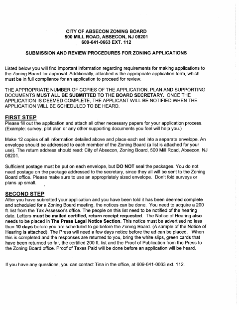 First page of the Zoning Board Variance and Appeal Application