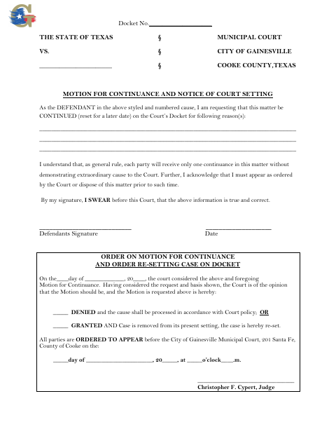 First page of the Motion for Continuance and Notice of Court Setting