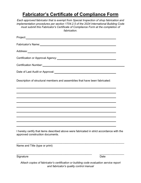 First page of the Fabricator’s Certificate of Compliance Form