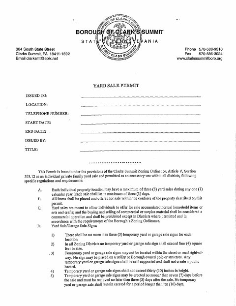 First page of the Yard Sale Permit