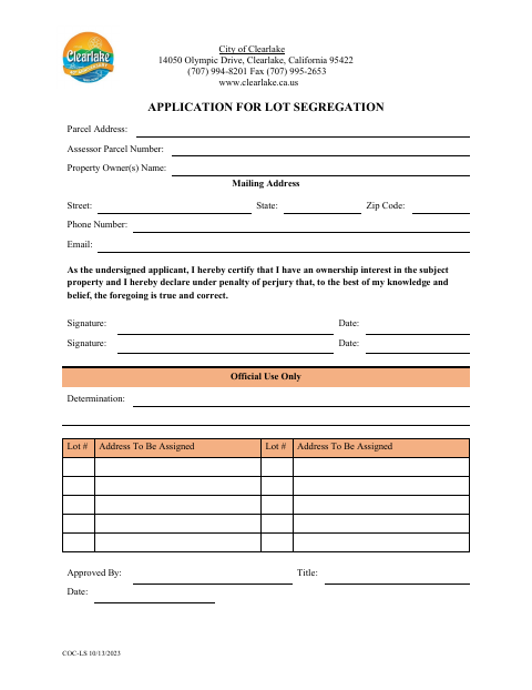 First page of the Application for Lot Segregation