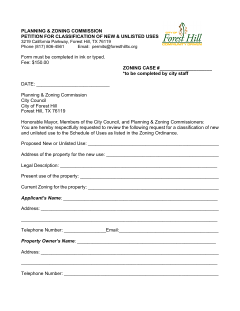 First page of the Planning & Zoning Commission Petition for Classification of New & Unlisted Uses
