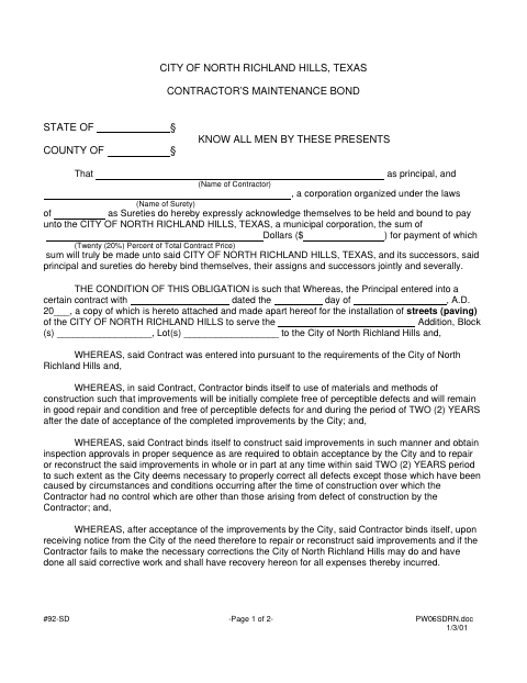First page of the Contractor’s Maintenance Bond