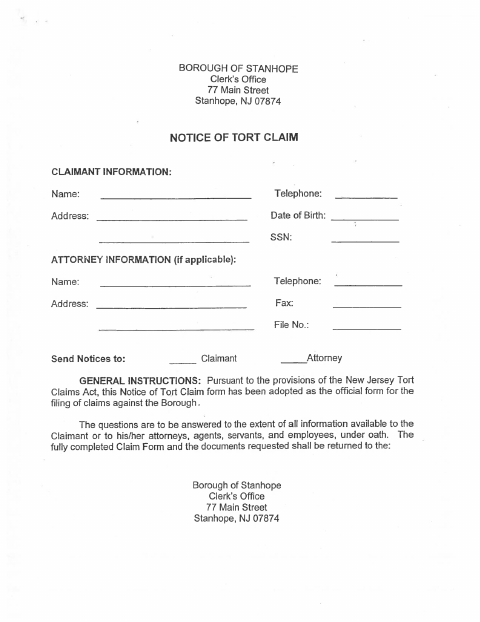First page of the Tort Claim Form