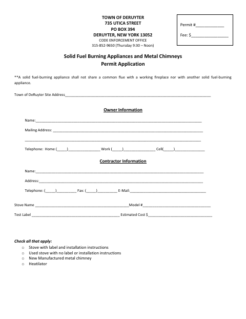 First page of the Solid Fuel Burning Appliances and Metal Chimneys Permit Application