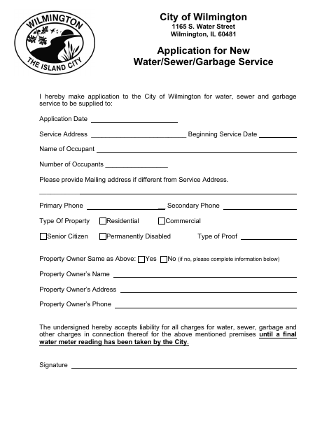 First page of the Application for New Water/Sewer/Garbage Service