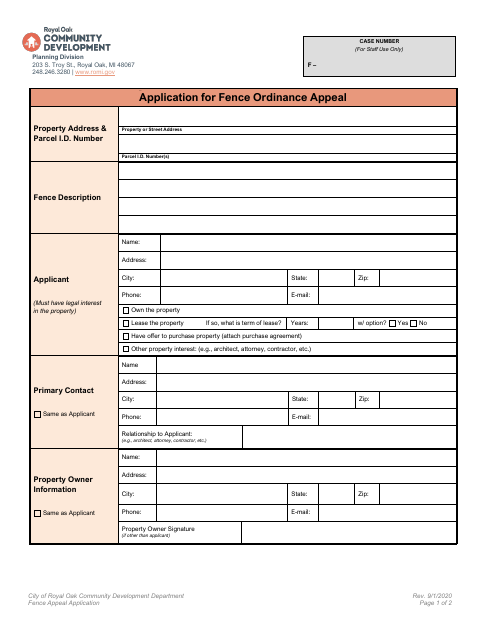 First page of the Fence Appeal Application