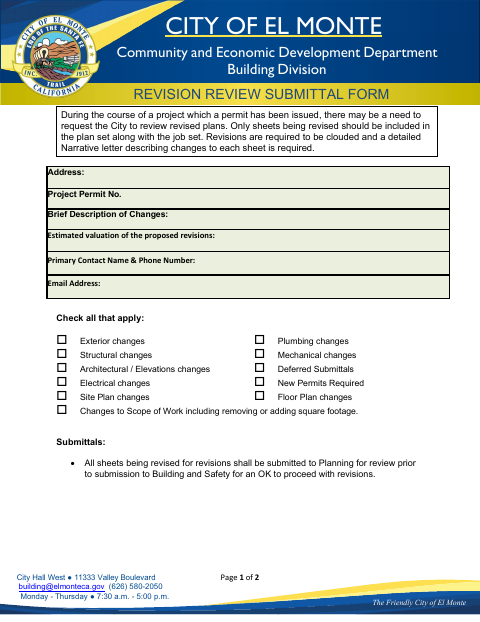 First page of the Revision Review Submittal Form