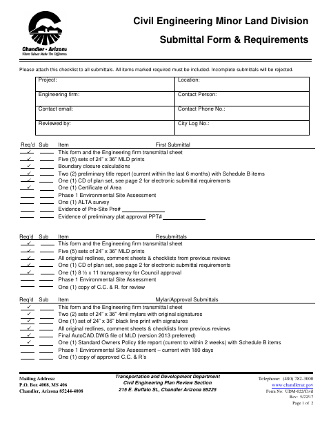 First page of the Civil Engineering Minor Land Division Submittal Form & Requirements