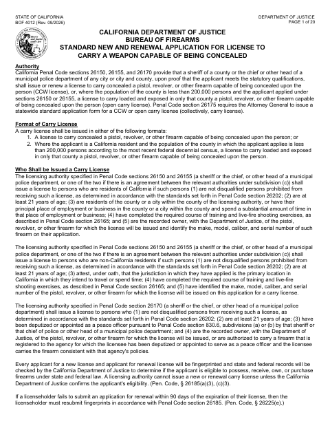 First page of the Standard New and Renewal Application for License to Carry a Weapon Capable of Being Concealed