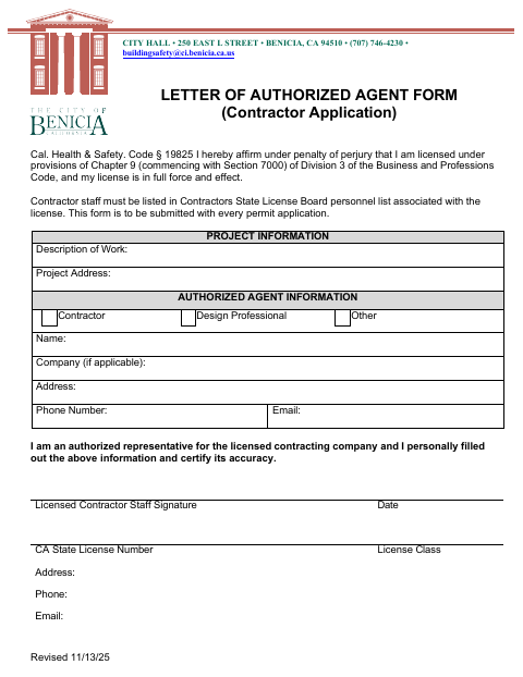 First page of the Letter of Authorized Agent Form (Contractor Application)