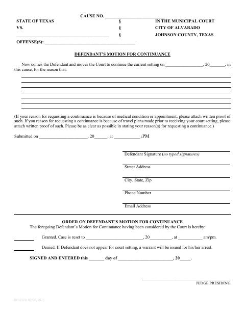 First page of the Defendant’s Motion for Continuance