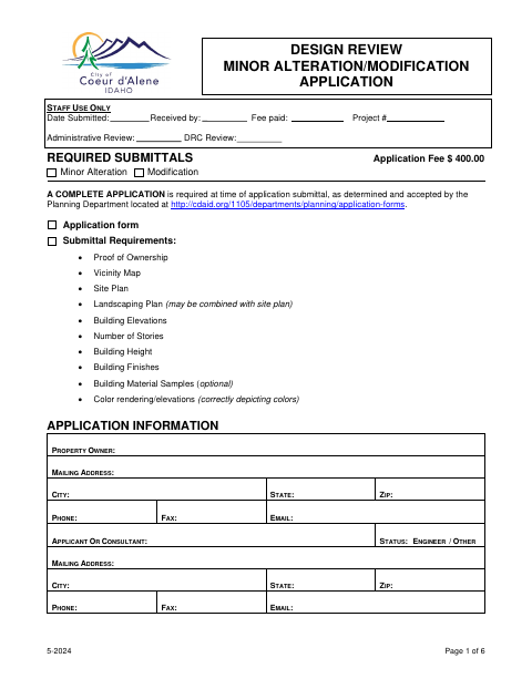 First page of the Design Review Minor Alteration/Modification Application