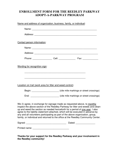 First page of the Parkway Adopt-A-Parkway Program Enrollment Form