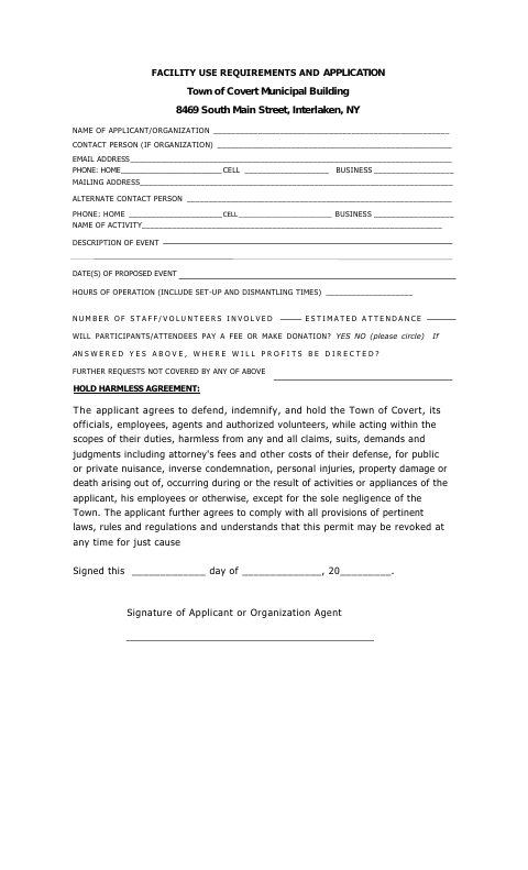 First page of the Facility Use Requirements and Application