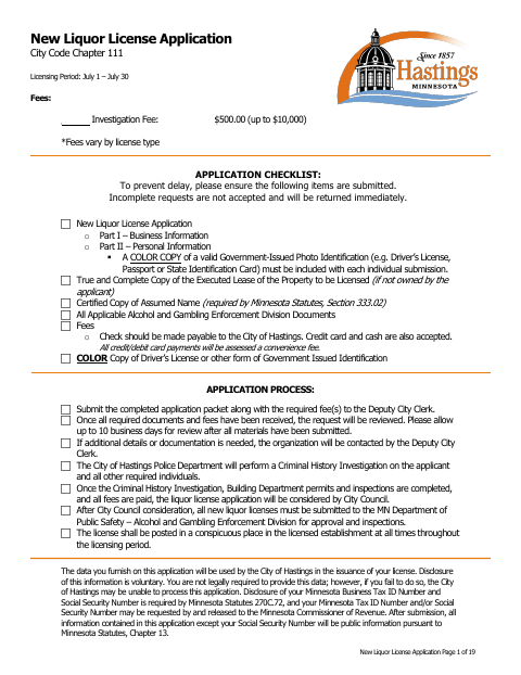 First page of the New Liquor License Application