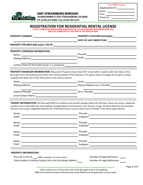 First page of the Registration for Residential Rental License