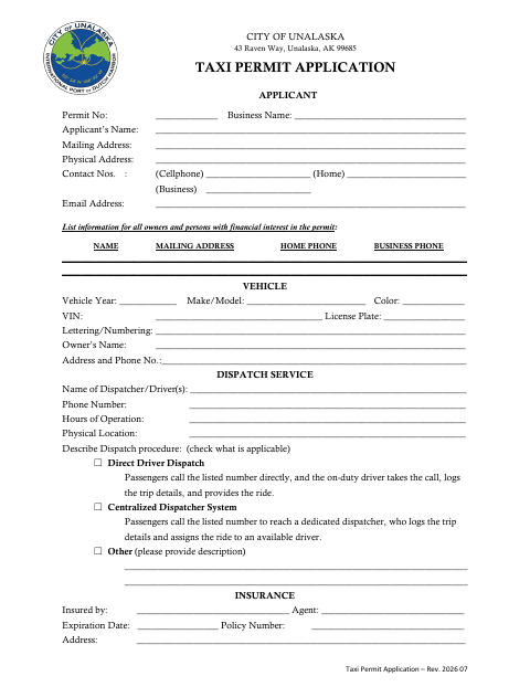 First page of the Taxicab Permit Application