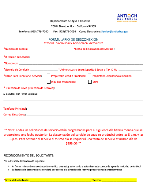 First page of the Water Service Disconnection Form