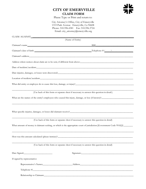 First page of the Claim Form