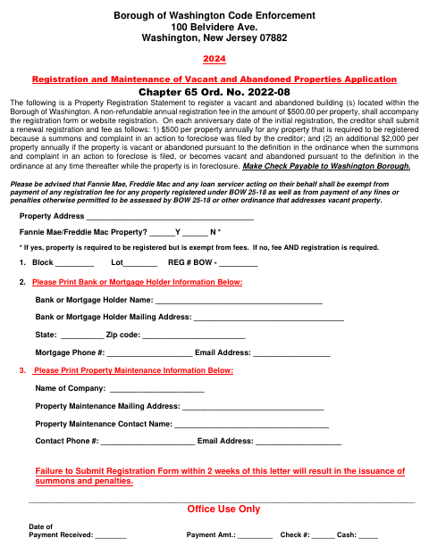 First page of the Registration and Maintenance of Vacant and Abandoned Properties Application