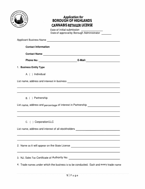 First page of the Cannabis Retailer License Application
