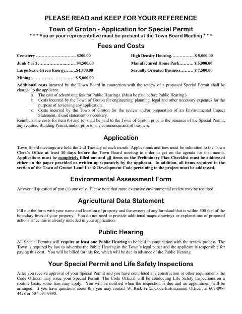 First page of the Application for Special Permit