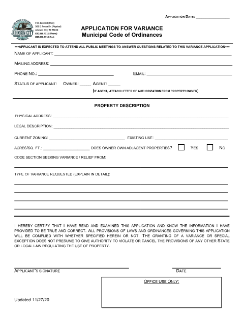 First page of the Application for Variance
