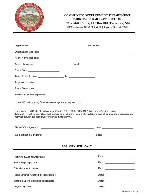 First page of the Park Use Permit Application for Organizations