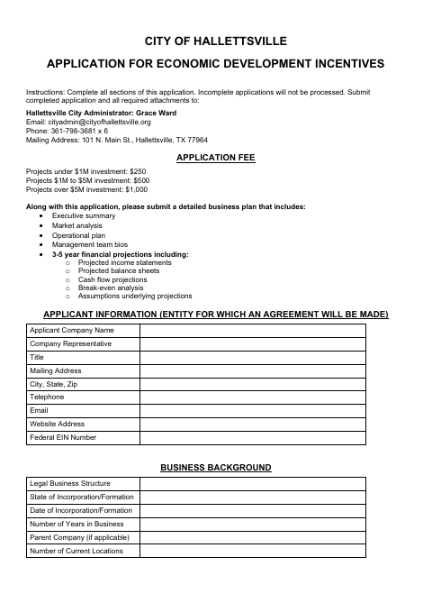 First page of the Economic Development Incentives Application