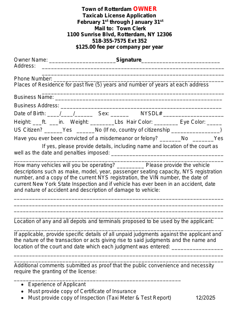 First page of the Taxicab License Owner Renewal Application