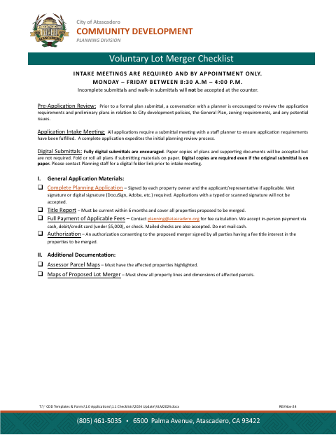 First page of the Voluntary Lot Merger Checklist