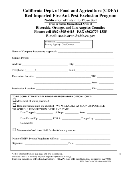 First page of the Red Imported Fire Ant Soil Movement Notification