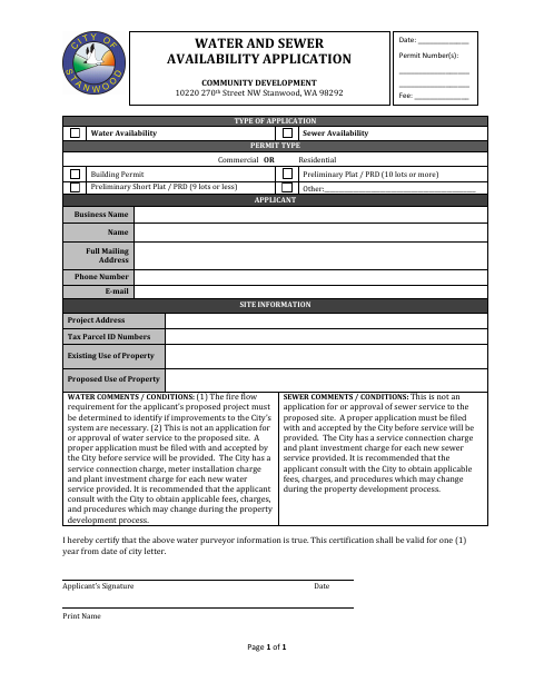 First page of the Water and Sewer Availability Application