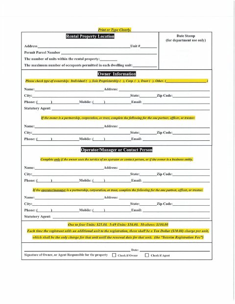 First page of the Rental Registration Form